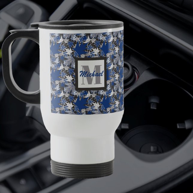 Taza De Viaje Maple deja azul en un fondo de carbón vegetal (Subido por el creador)