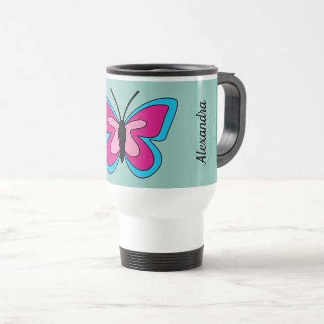 Taza De Viaje Mariposa azul magenta rosa | Añadir texto (Anverso derecho)