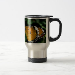 Taza De Viaje Mariposa naranja, negra y blanca en hoja