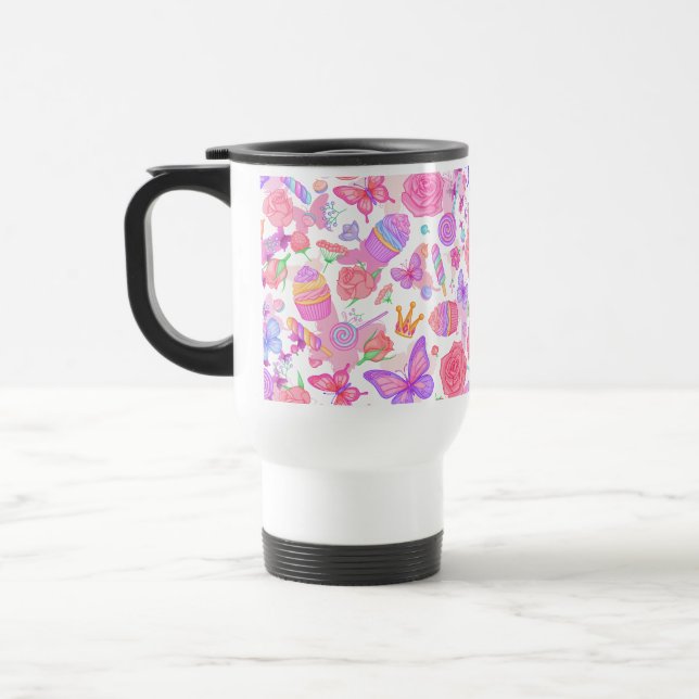 Taza De Viaje Mariposa rosa divertida, tarta, patrón de dulces (Izquierda)