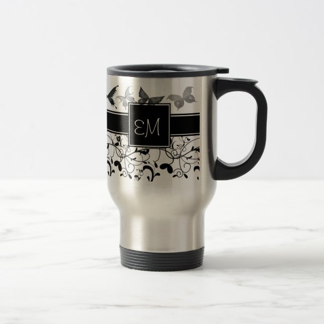 Taza De Viaje Mariposa victoriana floreciente blanco negro (Derecha)