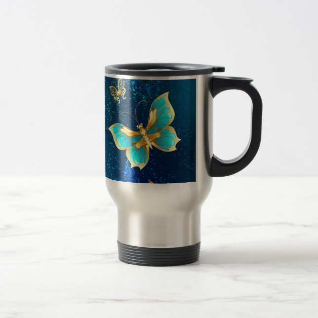 Taza De Viaje Mariposas doradas sobre fondo azul (Derecha)
