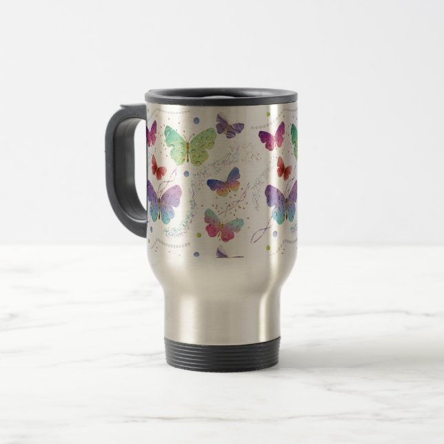 Taza De Viaje Mariposas elegantes violeta y azul brillante (Anverso izquierdo)