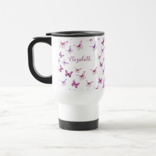 Taza De Viaje Mariposas Rosadas Bonitas Nombre Personalizado