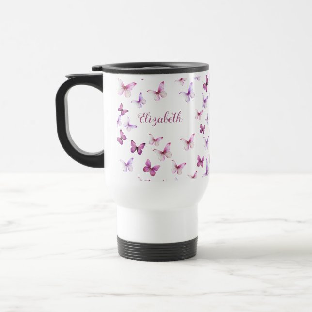 Taza De Viaje Mariposas Rosadas Hermosas Nombre Personalizado (Izquierda)