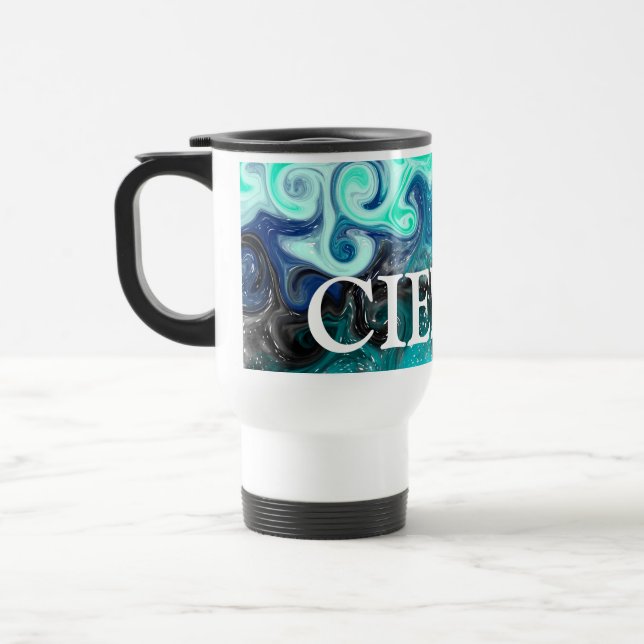 Taza De Viaje Mármol Verde azulado de arte fluido negro y azul p (Izquierda)