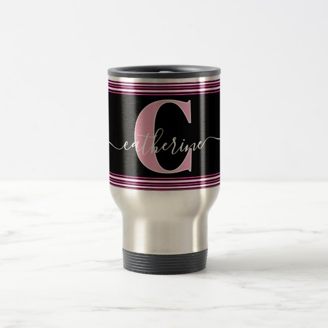 Taza De Viaje Minimal Stylish Monogram Name Black White Hot Pink (Centro)