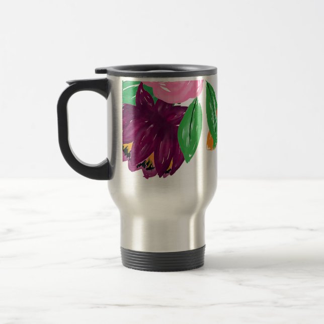 Taza De Viaje Moda Boho acuarela Flores rosa borgoñona (Izquierda)