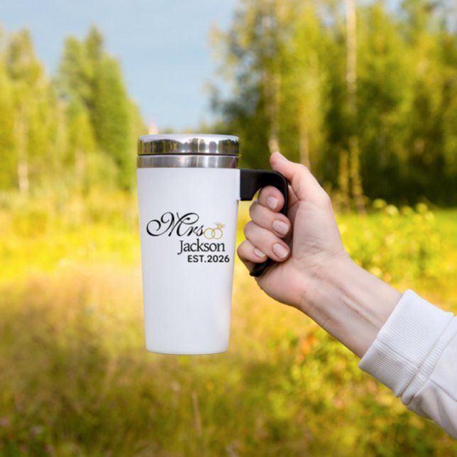 Taza De Viaje Modern Bride Name Wedding Ring Date Black Text (Wedding bride name travel mug)