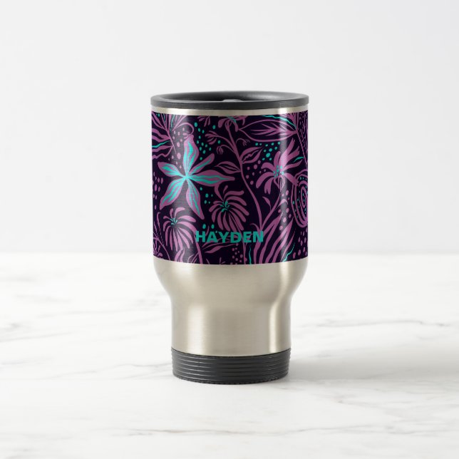 Taza De Viaje Modern Dark Purple Floral Pattern Personalised (Centro)