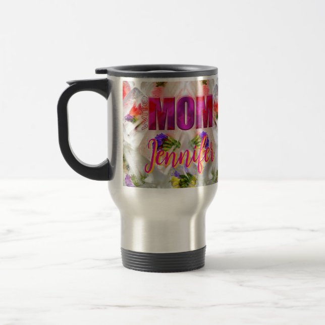 Taza De Viaje 'Mom-Boss-Fire' – Diseño floral en cubos  (Izquierda)