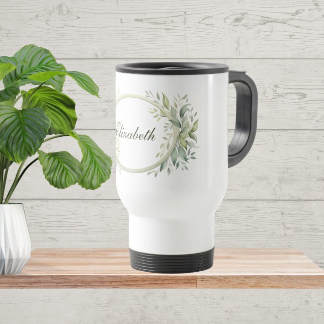 Taza De Viaje Monograma Botánico Verde Masaje Personalizado (Monogram Personalized Sage Green Botanical Greenery Travel Mug. Gift for her, Bridesmaid)