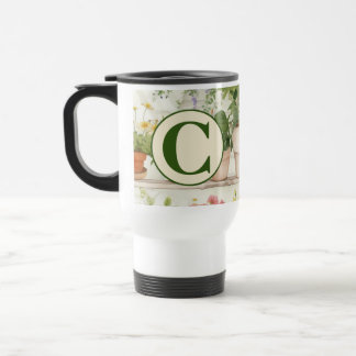 Taza De Viaje Monograma de acuarela de plantas de jardín de flor