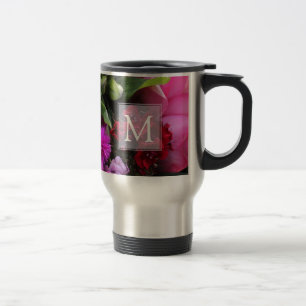 Taza De Viaje Monograma de flores rosadas y violetas