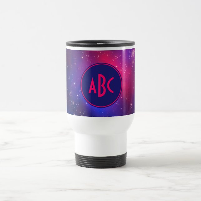 Taza De Viaje Monograma de galaxia rosa y azul brillante (Centro)