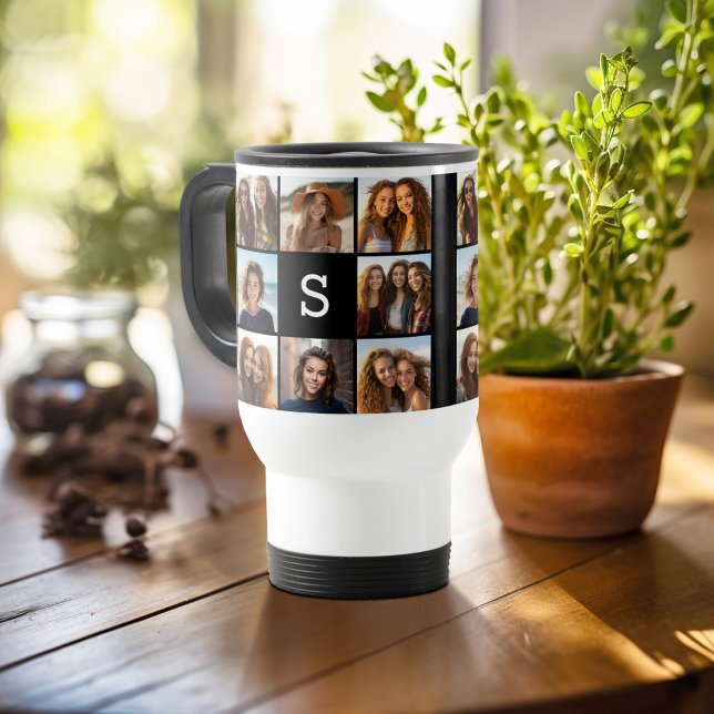 Taza De Viaje Monograma de Personalizado de Collage de fotos neg (Personalized travel mug - add photos and text or customize completely)