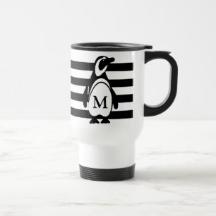 Taza De Viaje Monograma de pingüino blanco y negro y rayas