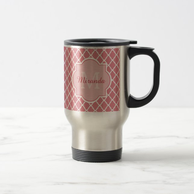 Taza De Viaje Monograma De Quatrefoil Rosa De moda Con Nombre (Derecha)
