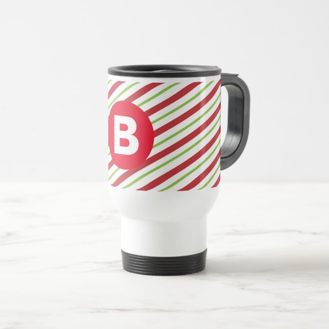 Taza De Viaje Monograma de rayas diagonales rojas y verdes (Anverso derecho)