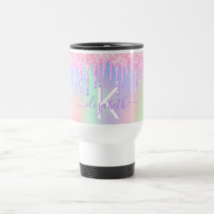 Taza De Viaje Monograma del nombre holográfico rosa Rubor