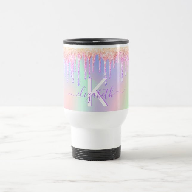 Taza De Viaje Monograma del nombre holográfico rosa Rubor (Centro)