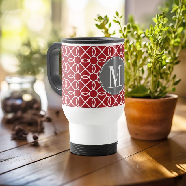 Taza De Viaje Monograma del patrón geométrico rojo y gris (Personalized travel mug - add photos and text or customize completely)