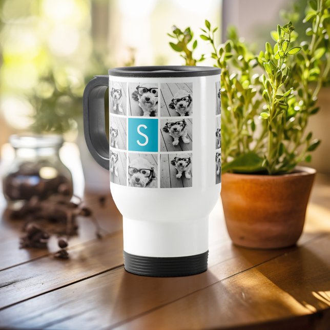 Taza De Viaje Monograma del Personalizado Aqua Blue Collage de f (Personalized travel mug - add photos and text or customize completely)