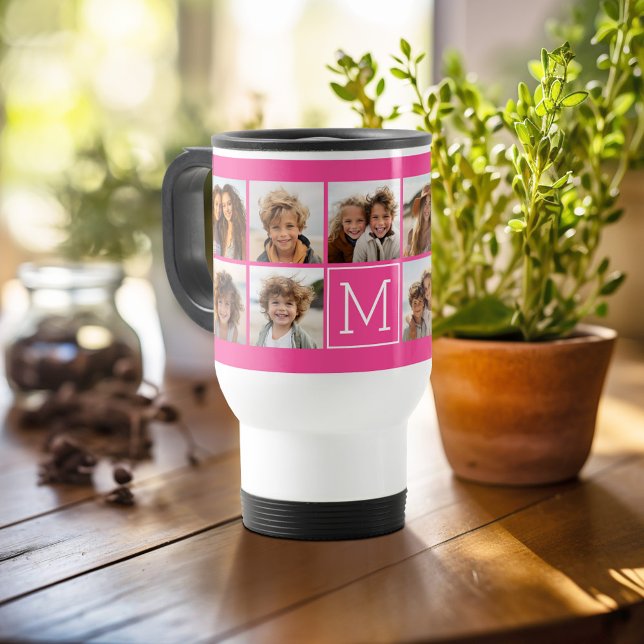 Taza De Viaje Monograma del Personalizado de Collage de fotos ro (Personalized travel mug - add photos and text or customize completely)