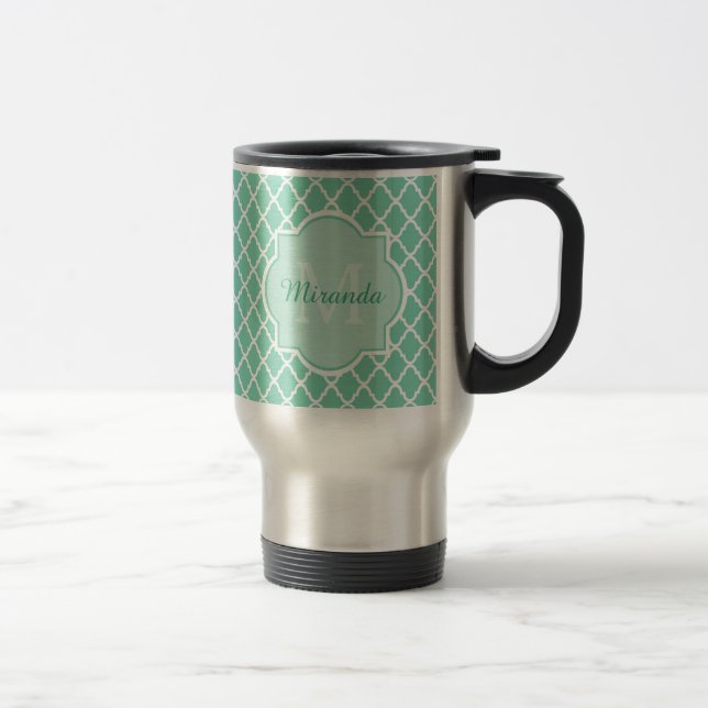 Taza De Viaje Monograma elegante de Quatrefoil de la verde menta (Derecha)