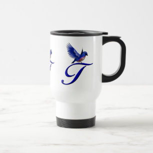 Taza De Viaje Monograma inicial T elegante pajarito azul