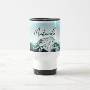 Taza De Viaje Monograma misterioso de neón azul de montaña nevad