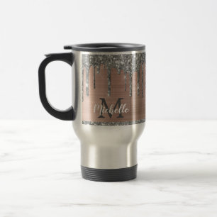 Taza De Viaje Monograma Moderno con Drips de Purpurina de Plata