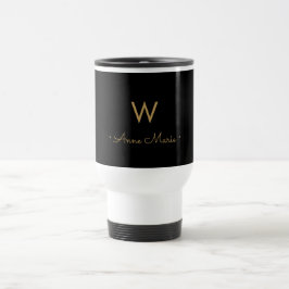 Taza De Viaje Monograma moderno de escritura de oro negro