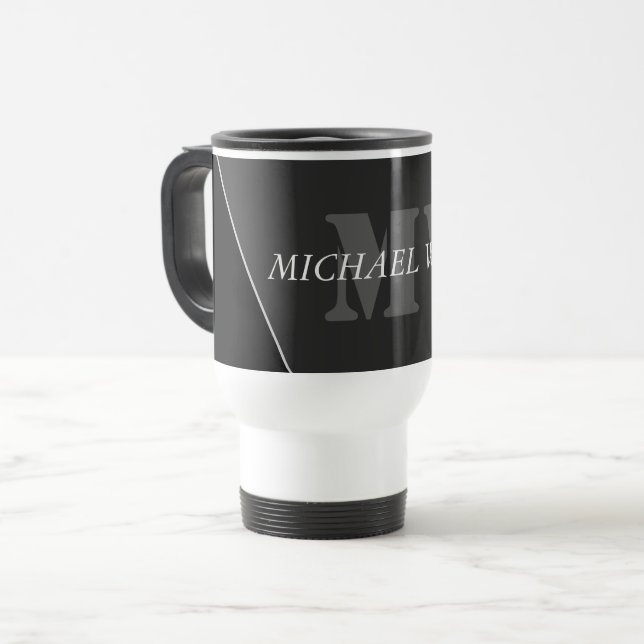 Taza De Viaje Monograma negro gris artístico moderno (Anverso izquierdo)