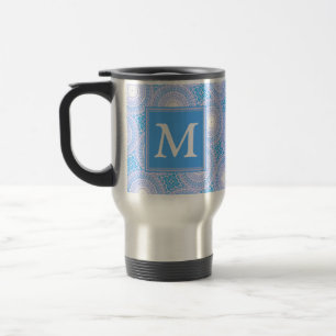 Taza De Viaje Monograma Patrón de círculos azules eléctricos