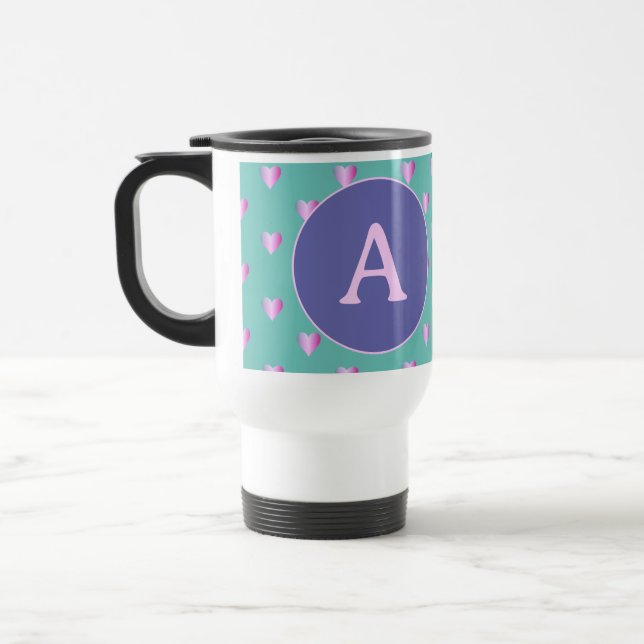 Taza De Viaje Monograma personalizado Corazones Lilac Verde azul (Izquierda)