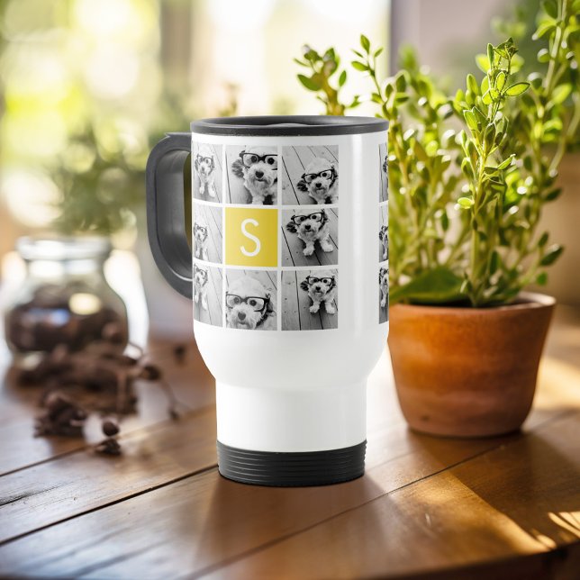 Taza De Viaje Monograma Personalizado de Collage de fotos amaril (Personalized travel mug - add photos and text or customize completely)