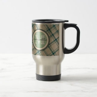 Taza De Viaje Monograma poner crema verde de la tela escocesa