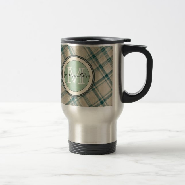 Taza De Viaje Monograma poner crema verde de la tela escocesa (Derecha)