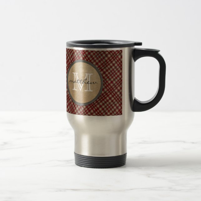 Taza De Viaje Monograma rojo del fondo de la tela escocesa (Derecha)