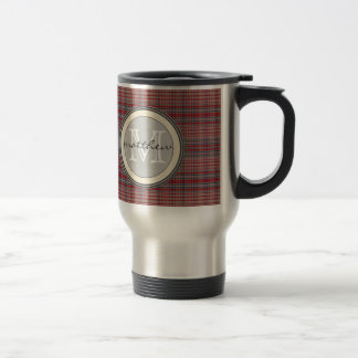 Taza De Viaje Monograma rojo del fondo de la tela escocesa