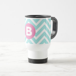 Taza De Viaje Monograma rosa chevron azul claro de moda