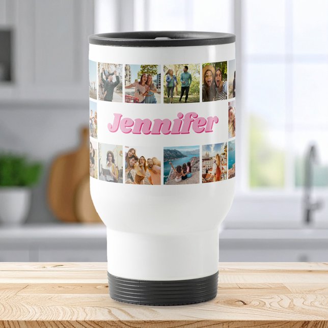 Taza De Viaje Monograma rosa moderno 20 Collage de fotos persona (Subido por el creador)