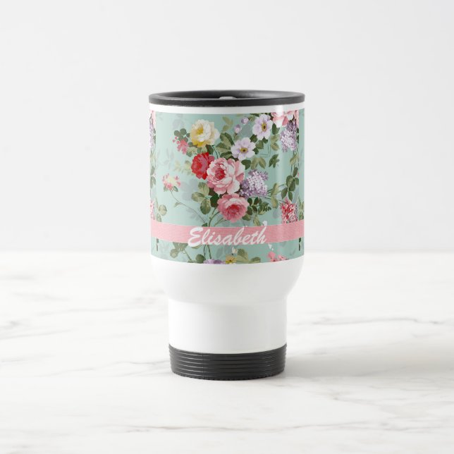 Taza De Viaje Monograma rosado femenino elegante de los rosas (Centro)