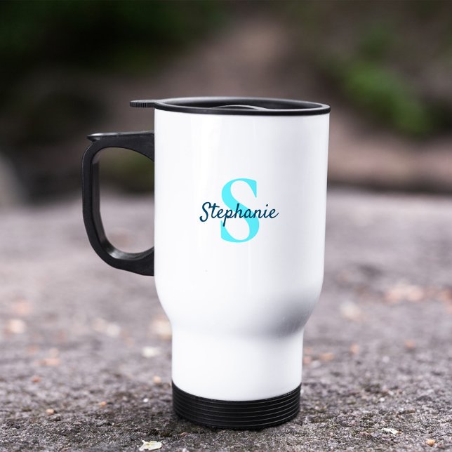 Taza De Viaje Monograma simple y elegante nombre Aqua Blue (Subido por el creador)
