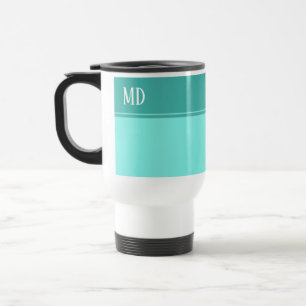Taza De Viaje Monograma simple y Verde azulado con rayas azules