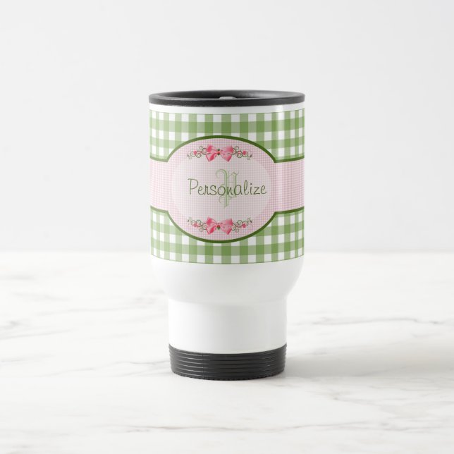 Taza De Viaje Monograma verde femenino de la guinga con nombre (Centro)