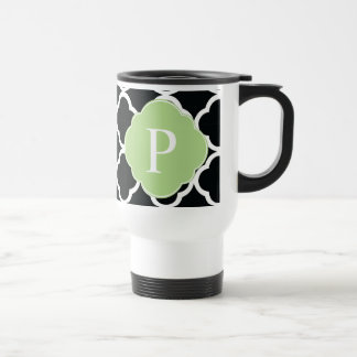 Taza De Viaje Monograma verde negro de quatrefoil