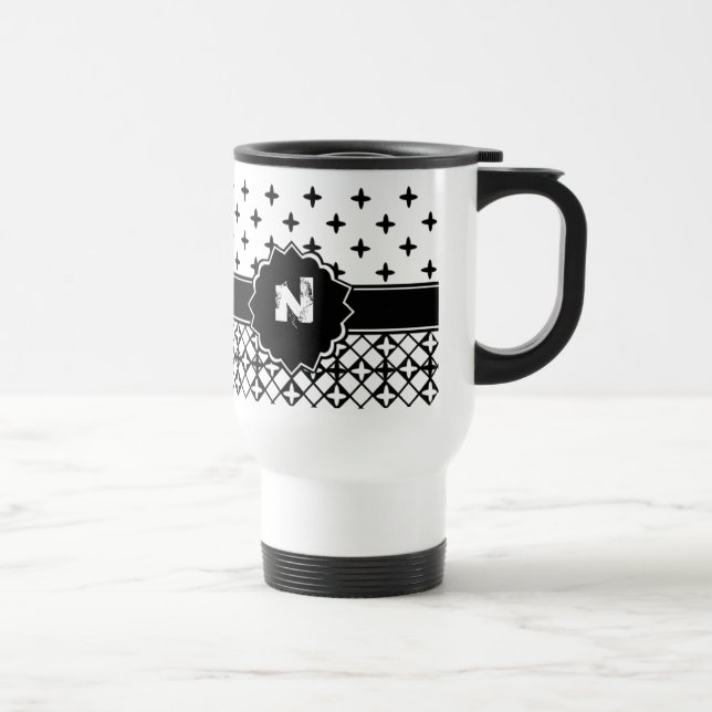 Taza De Viaje Monogramación de la hoja de cuatreil blanca negra (Derecha)
