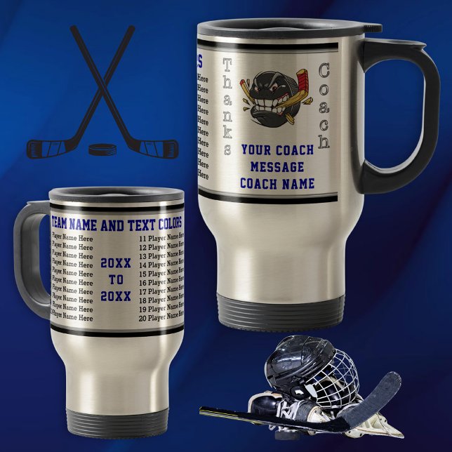 Taza De Viaje Mug de entrenador de hockey de todo jugador, perso (Hockey Coach Gifts. Blue and Black, Hockey Mugs. Hockey Travel Mugs. Gifts for Hockey Coach. Mug.)